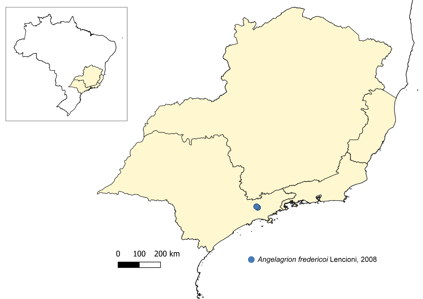 Mapa da distribuição conhecida de Angelagrion fredericoi